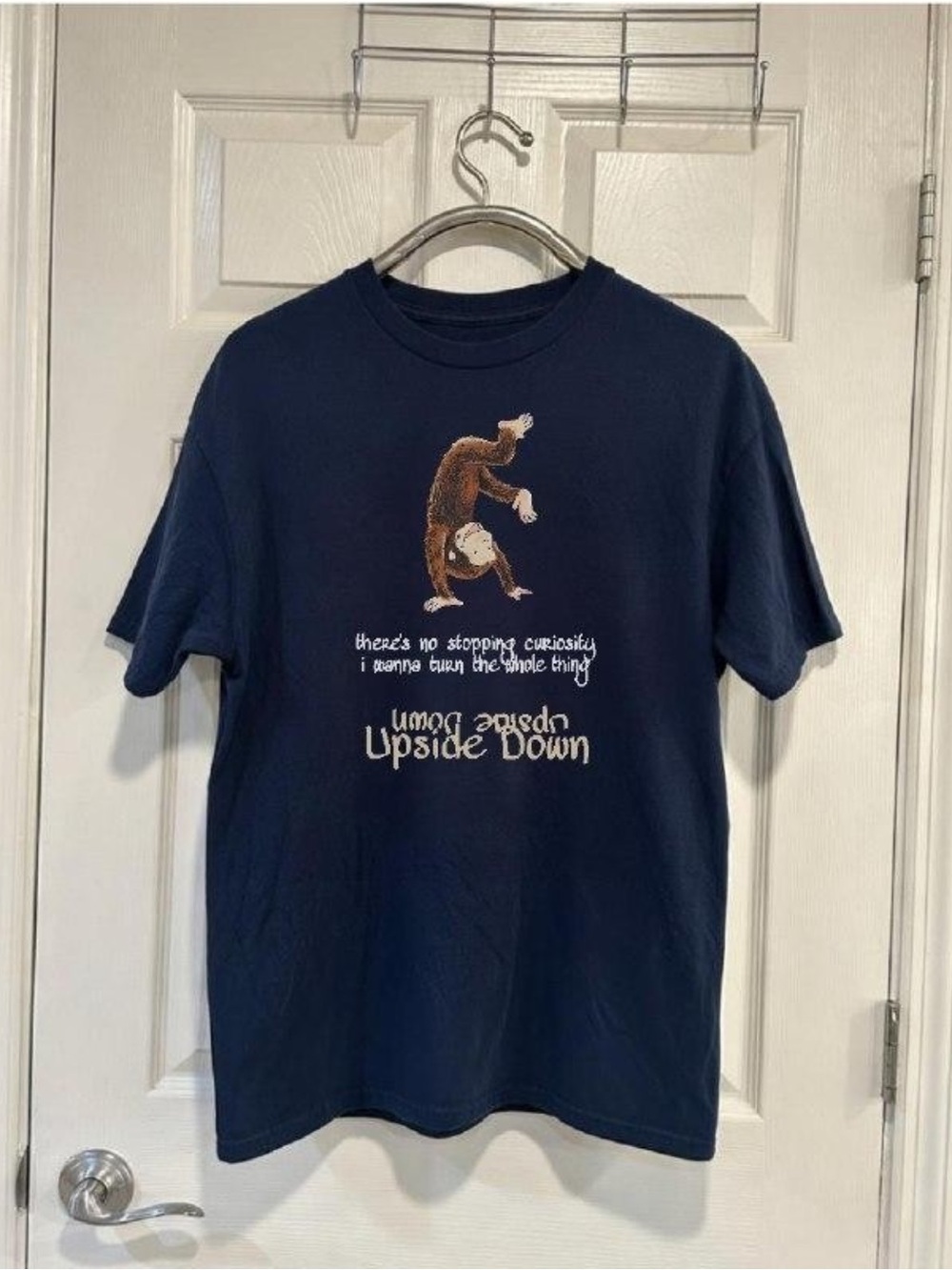 Upside Down Curiosity Graphic T-Shirt Navy Blue Unisex